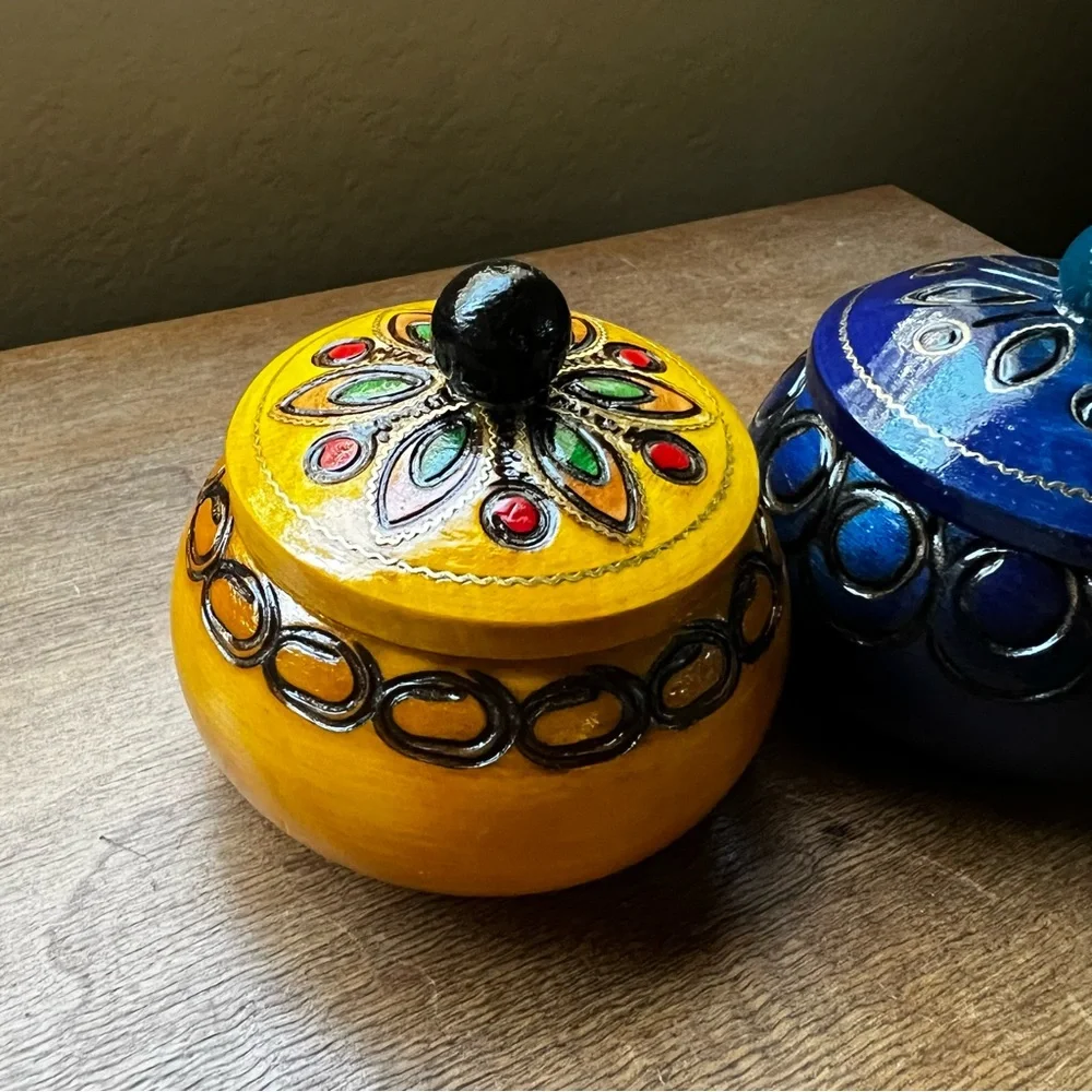 Hand Painted Handmade Lacquer Wooden Trinket Jewelry Box Set with Lid Folk Art